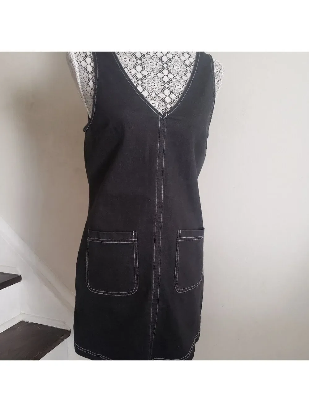 urban outfitters black denim dress Denim black mini dress. Full silver buttons along